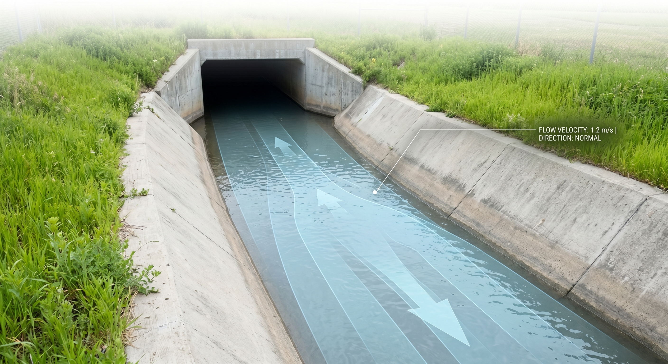 AI flow analysis showing water velocity vectors and direction overlay on a drainage channel.